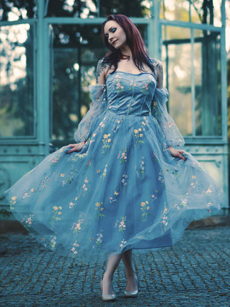 Blau 1930er Blumen Bestickt Netz Langarm Kleid