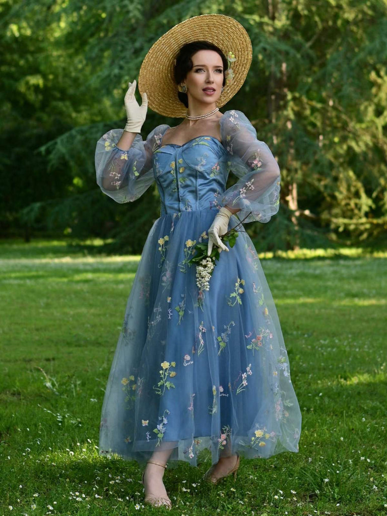 Blau 1930er Blumen Bestickt Netz Langarm Kleid