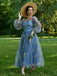 Blau 1930er Blumen Bestickt Netz Langarm Kleid