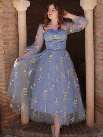 Blau 1930er Blumen Bestickt Netz Langarm Kleid