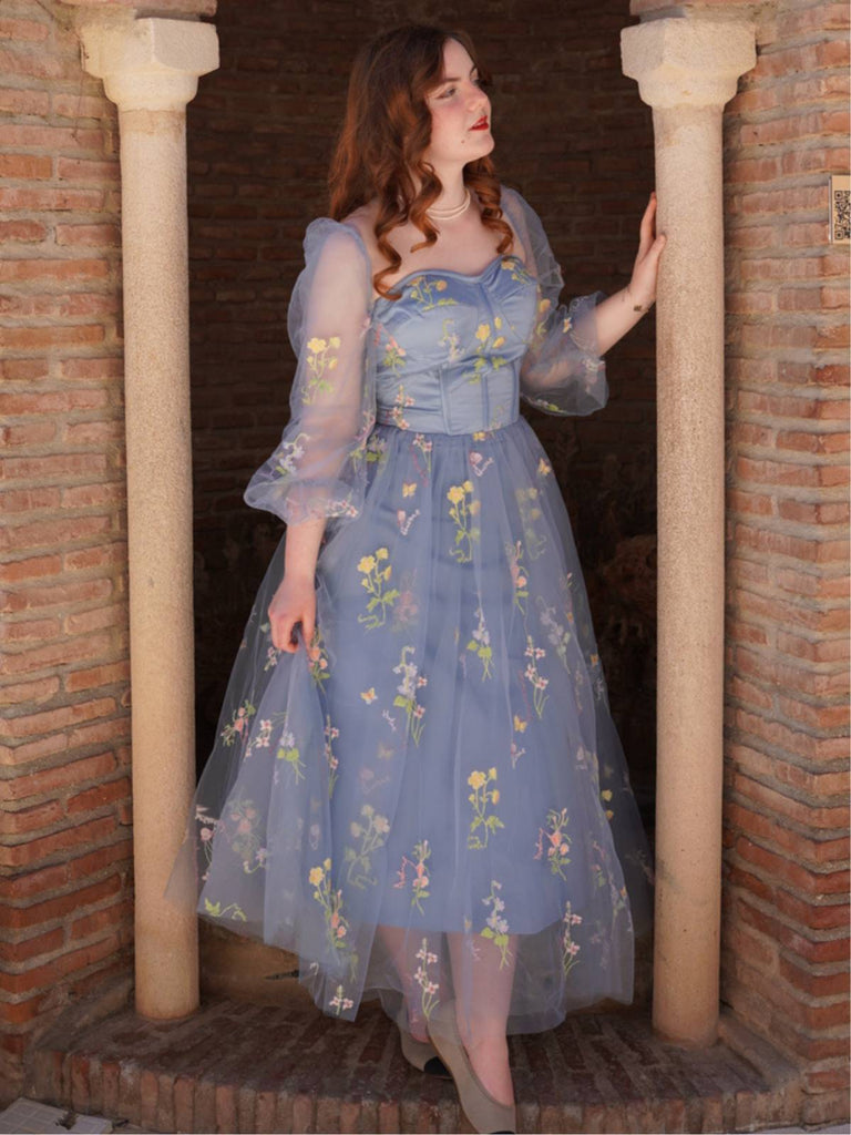 Blau 1930er Blumen Bestickt Netz Langarm Kleid