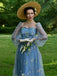 Blau 1930er Blumen Bestickt Netz Langarm Kleid