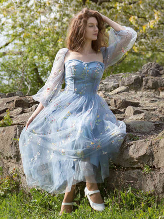 Blau 1930er Blumen Bestickt Netz Langarm Kleid