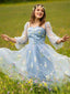 Blau 1930er Blumen Bestickt Netz Langarm Kleid