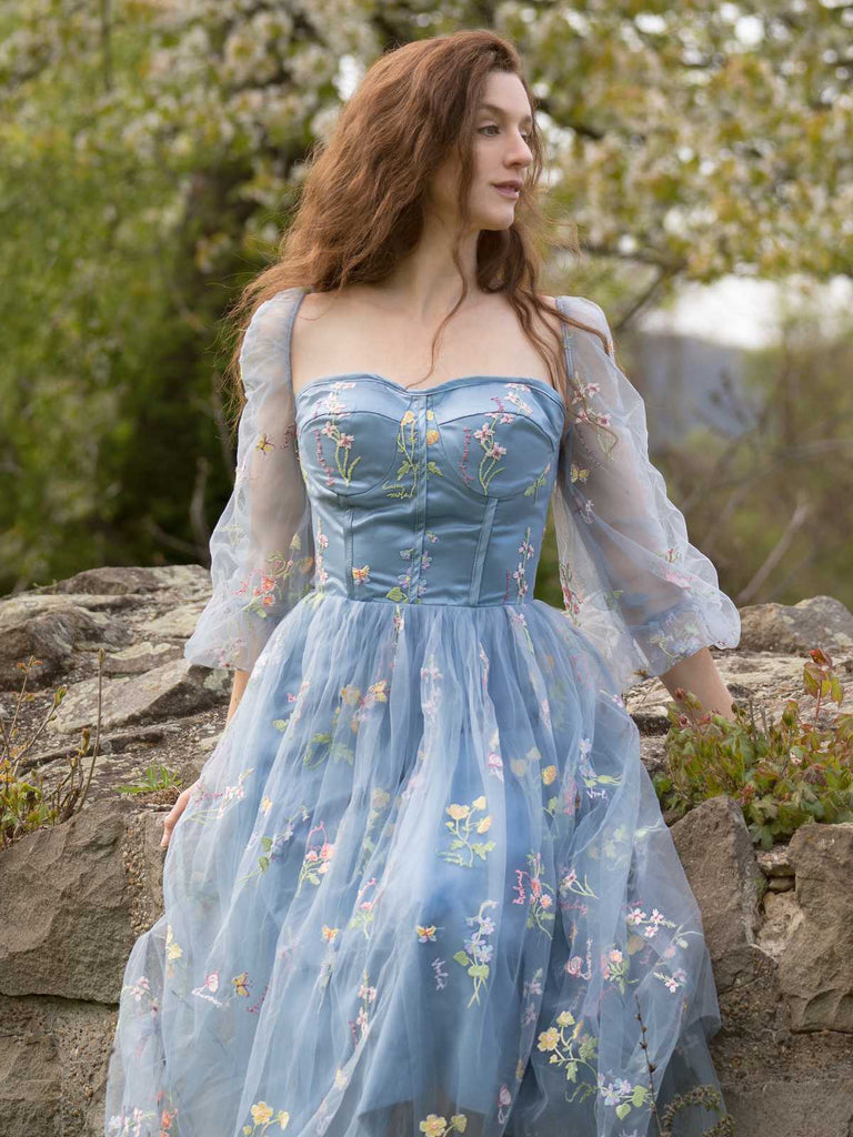 Blau 1930er Blumen Bestickt Netz Langarm Kleid