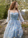 Blau 1930er Blumen Bestickt Netz Langarm Kleid