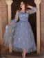Blau 1930er Blumen Bestickt Netz Langarm Kleid