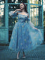 Blau 1930er Blumen Bestickt Netz Langarm Kleid