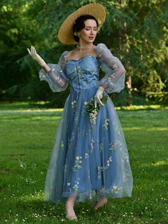 Blau 1930er Blumen Bestickt Netz Langarm Kleid