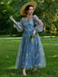 Blau 1930er Blumen Bestickt Netz Langarm Kleid
