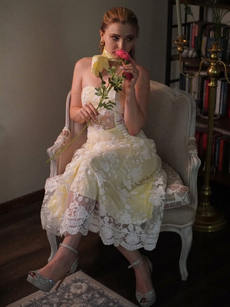 Gelb 1950er Blumen Bestickt Spitze Transparent Trägerloses Kleid