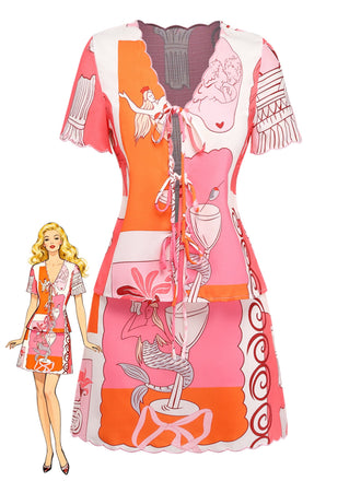 2-teiliges Set: Mehrfarbiges Meerjungfrauen-Top im Stil der 1940er Jahre mit Bindebändern und Rock