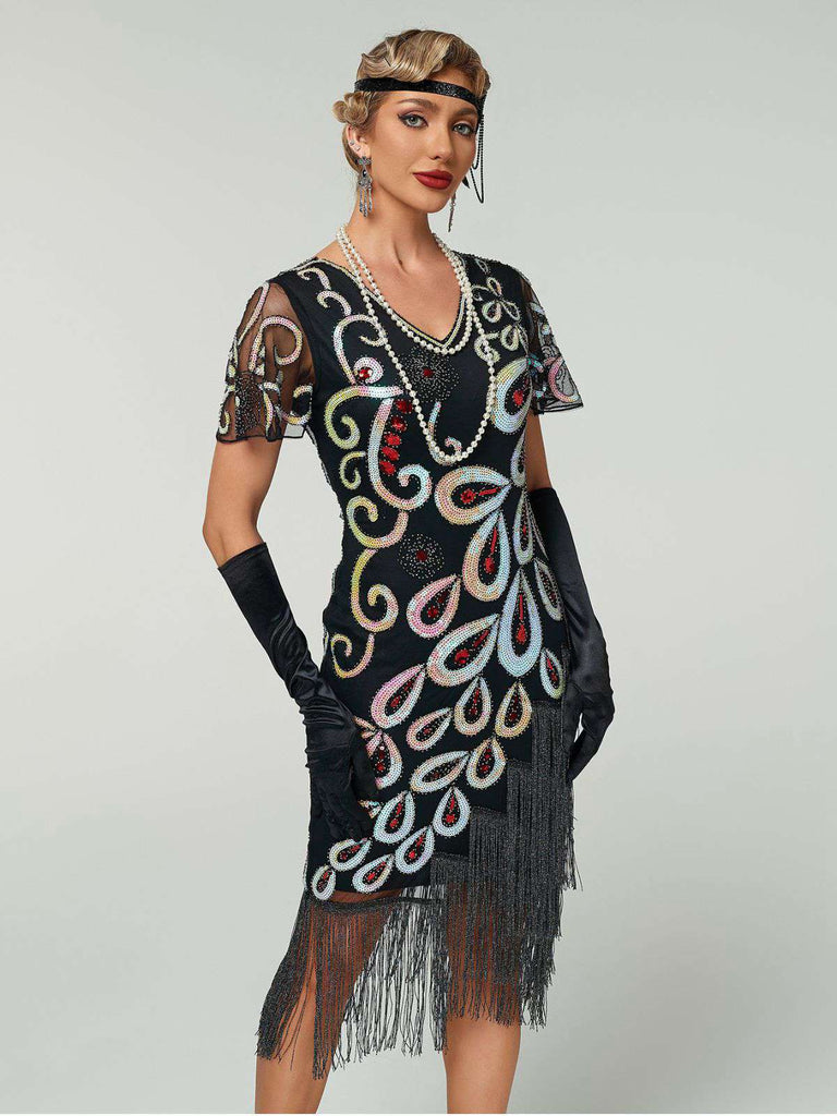 Schwarz 1920er Pfau Pailletten Perlen Fransen Flapper Kleid
