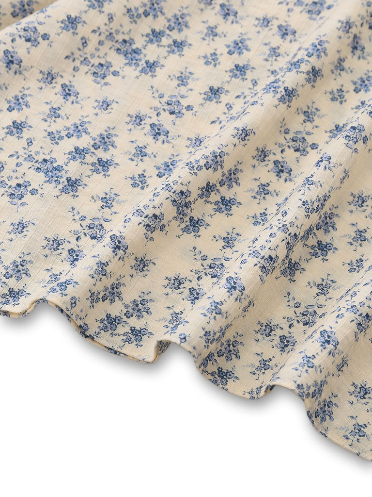 [Vorverkauf] Blau 1940er Blumen Farbblock Schleife Kleid
