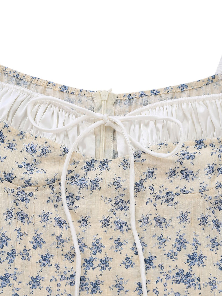 [Vorverkauf] Blau 1940er Blumen Farbblock Schleife Kleid