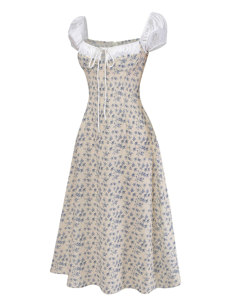 [Vorverkauf] Blau 1940er Blumen Farbblock Schleife Kleid