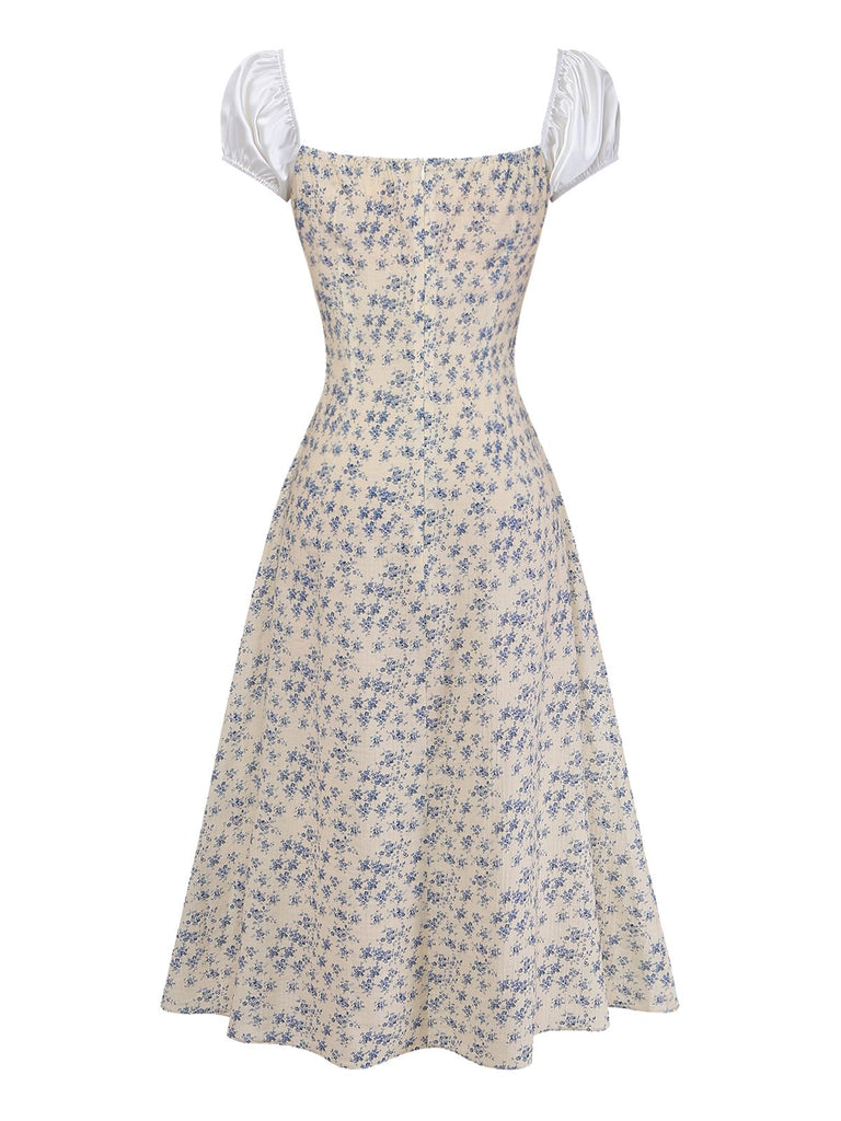 [Vorverkauf] Blau 1940er Blumen Farbblock Schleife Kleid