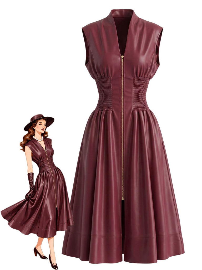 Weinrot 1940er Kunst Leder Flügelärmel Tailliert Kleid