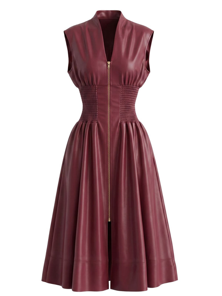Weinrot 1940er Kunst Leder Flügelärmel Tailliert Kleid