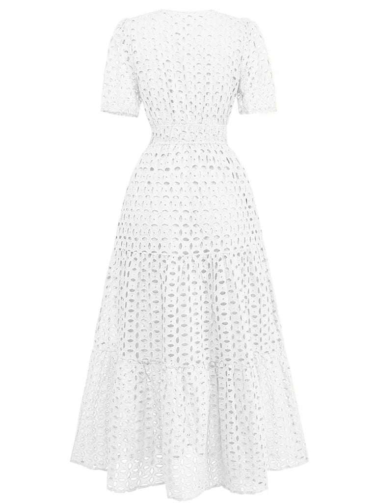 1940er Ösen Spitze V-Ausschnitt Gestuft Maxi Kleid