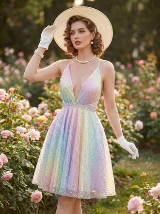 Y2K Regenbogen Pailletten Tief V-Ausschnitt Rückenfrei Kleid