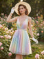 Y2K Regenbogen Pailletten Tief V-Ausschnitt Rückenfrei Kleid
