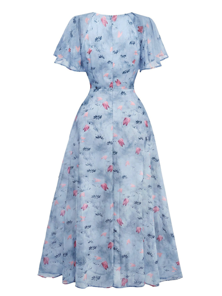 Grün 1930er Schmetterling Flatterärmel Chiffon Kleid