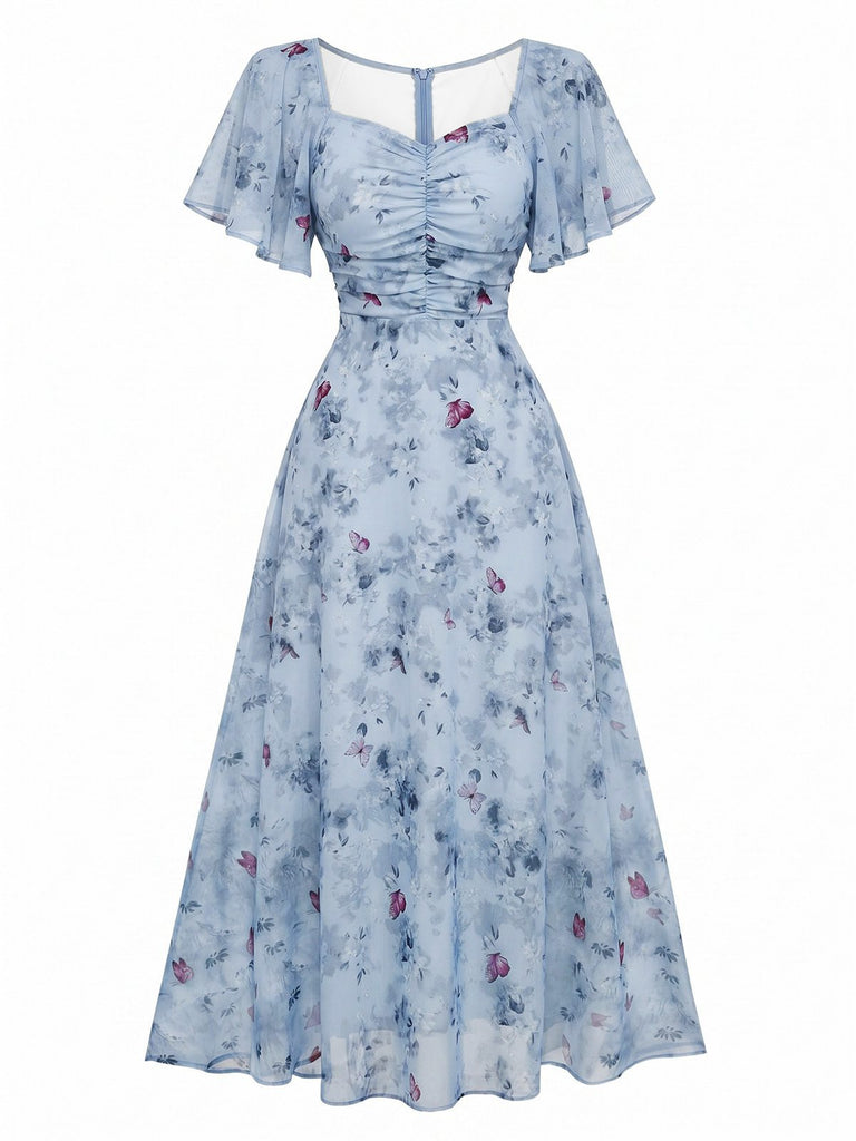 Grün 1930er Schmetterling Flatterärmel Chiffon Kleid