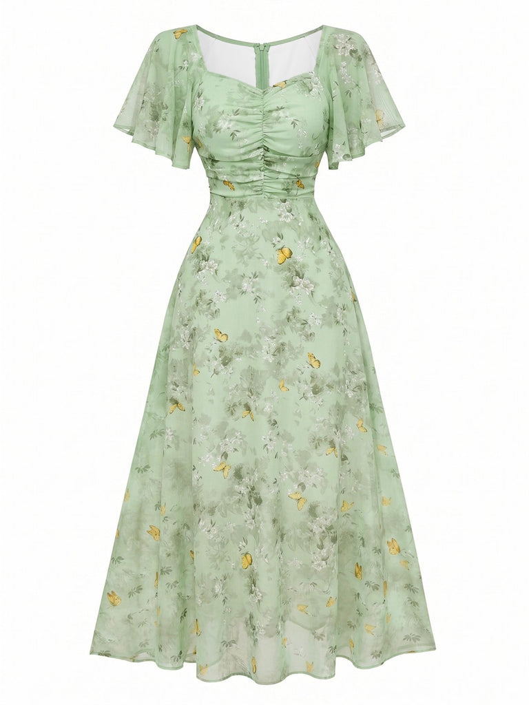 Grün 1930er Schmetterling Flatterärmel Chiffon Kleid