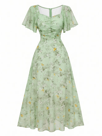 Grün 1930er Schmetterling Flatterärmel Chiffon Kleid
