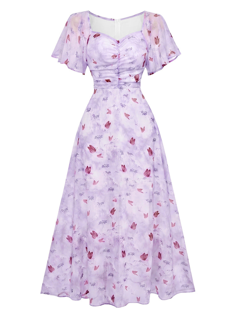 Lavendel 1930er Schmetterling Flatterärmel Chiffon Kleid