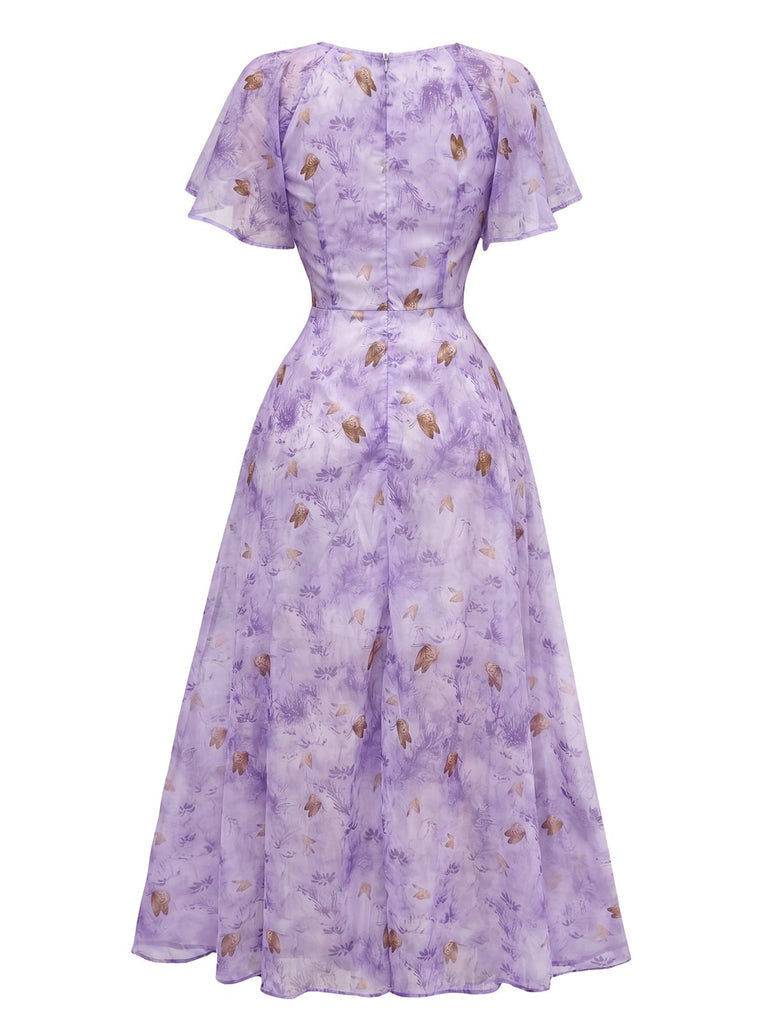 Grün 1930er Schmetterling Flatterärmel Chiffon Kleid