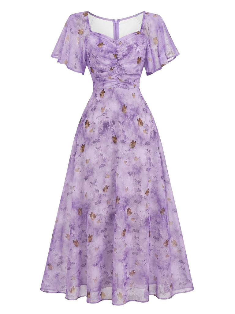 Grün 1930er Schmetterling Flatterärmel Chiffon Kleid