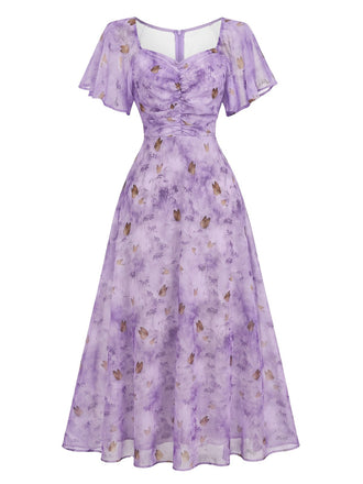 Lila 1930er Schmetterling Flatterärmel Chiffon Kleid