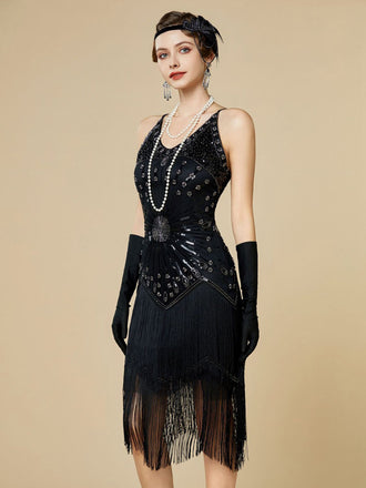 Schwarz 1920er Pailletten Fransen Spaghetti Träger Flapper Kleid