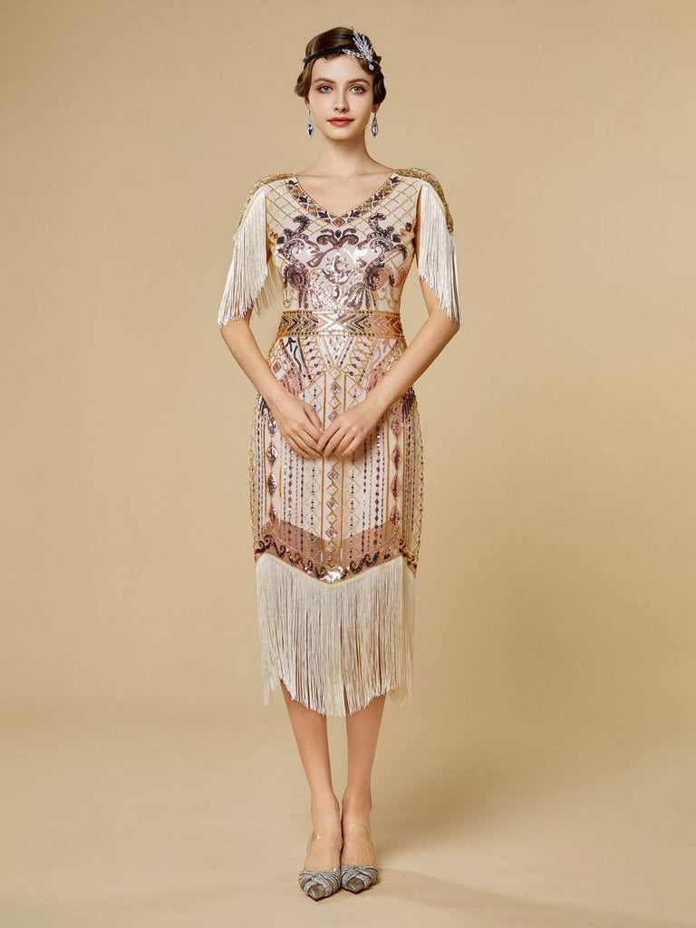 1920er Pailletten Fransen Flapper V-Ausschnitt Kleid