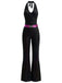 Schwarz 1970er Disco Pailletten Halter Ausgestellt Jumpsuit