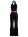 Schwarz 1970er Disco Pailletten Halter Ausgestellt Jumpsuit