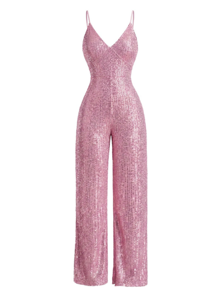Rosa 1930er V-Ausschnitt Spaghetti Träger Pailletten Jumpsuit