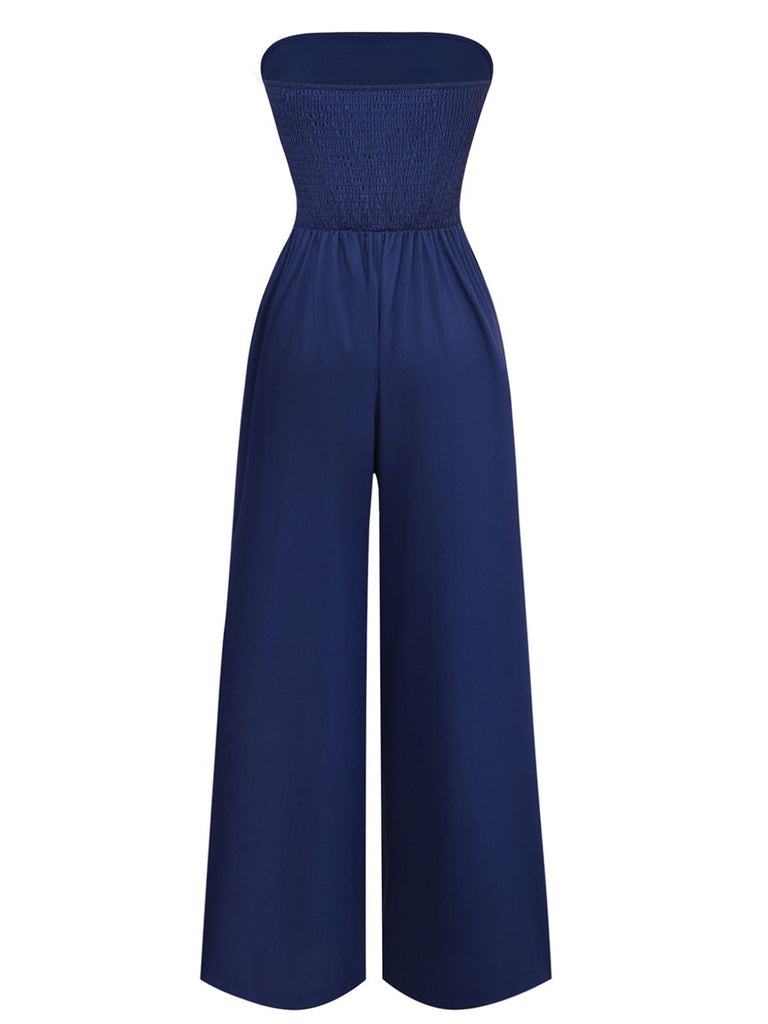 Dunkelblauer Wickel-Jumpsuit mit weitem Bein im Stil der 1940er Jahre, Größe 4