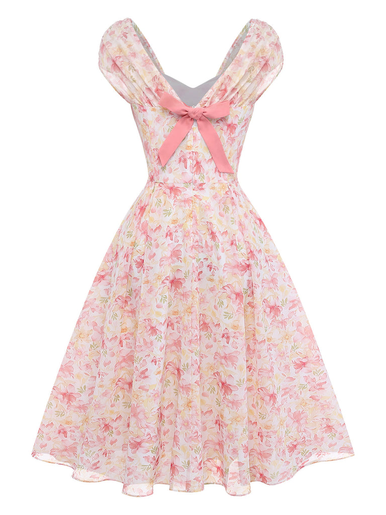 [Vorverkauf] Rosa Chiffonkleid mit Blumenmuster und Schleife im Stil der 1950er Jahre, Größe 3