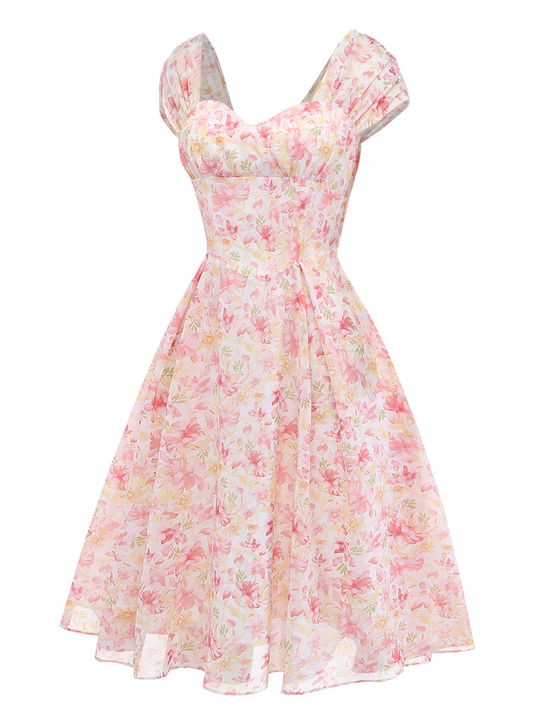 [Vorverkauf] Rosa Chiffonkleid mit Blumenmuster und Schleife im Stil der 1950er Jahre, Größe 4