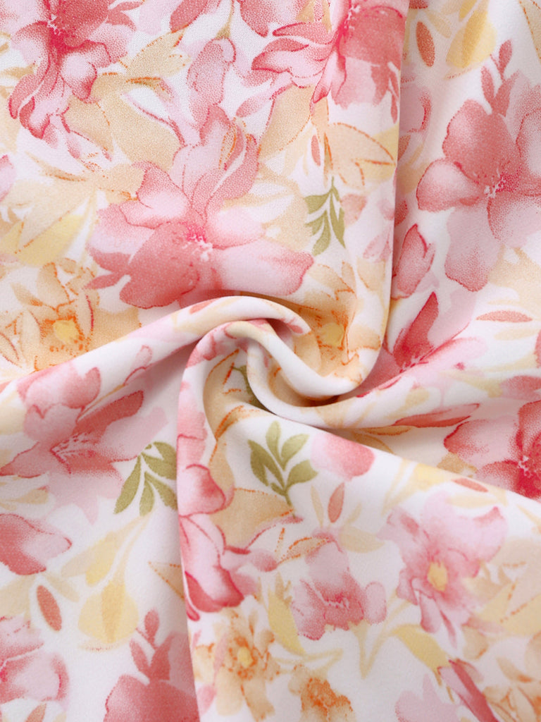 [Vorverkauf] Rosa Chiffonkleid mit Blumenmuster und Schleife im Stil der 1950er Jahre, Größe 5