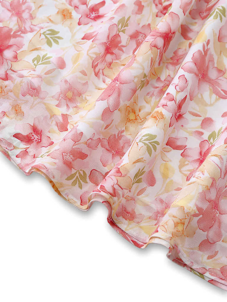 [Vorverkauf] Rosa Chiffonkleid mit Blumenmuster und Schleife im Stil der 1950er Jahre, Größe 6