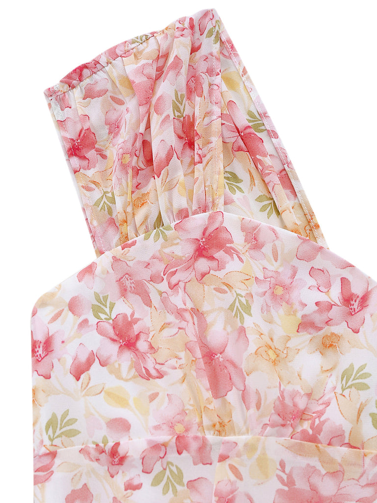 [Vorverkauf] Rosa Chiffonkleid mit Blumenmuster und Schleife im Stil der 1950er Jahre, Größe 7