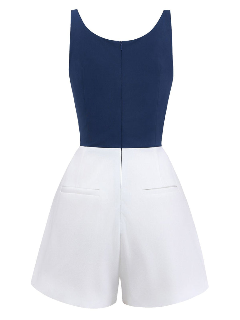 [Vorverkauf] Blau 1940er Farbblock U-Ausschnitt Romper