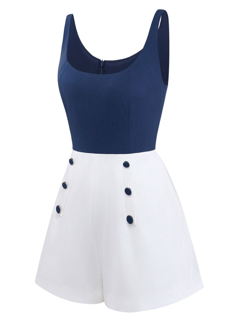 [Vorverkauf] Blau 1940er Farbblock U-Ausschnitt Romper