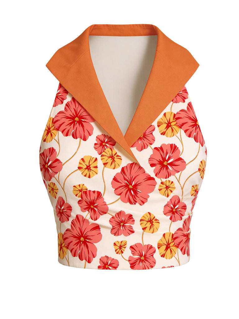 [Vorverkauf] 2PCS Orange 1970er Blumen Top & Gürtel Schlaghose