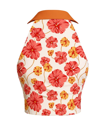 [Vorverkauf] Orange 1970er Blumen Ärmellos Revers Top