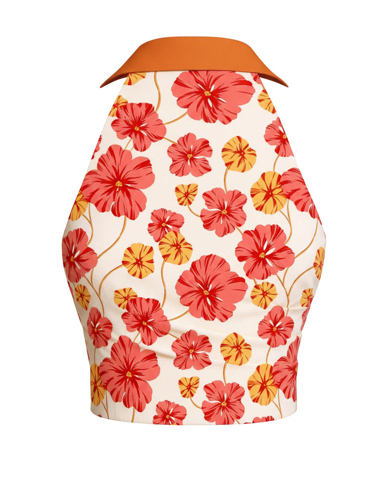 [Vorverkauf] 2PCS Orange 1970er Blumen Top & Gürtel Schlaghose